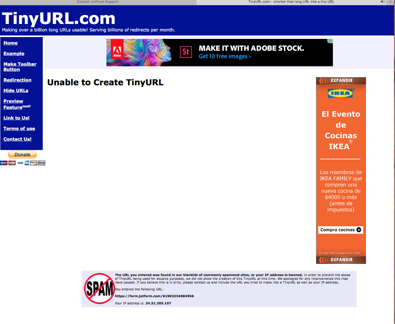 IP address reported as spam when trying to create